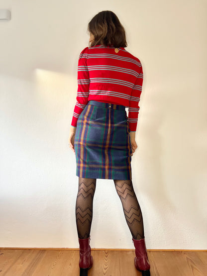 1970's vintage green and multi color wool plaid mini skirt