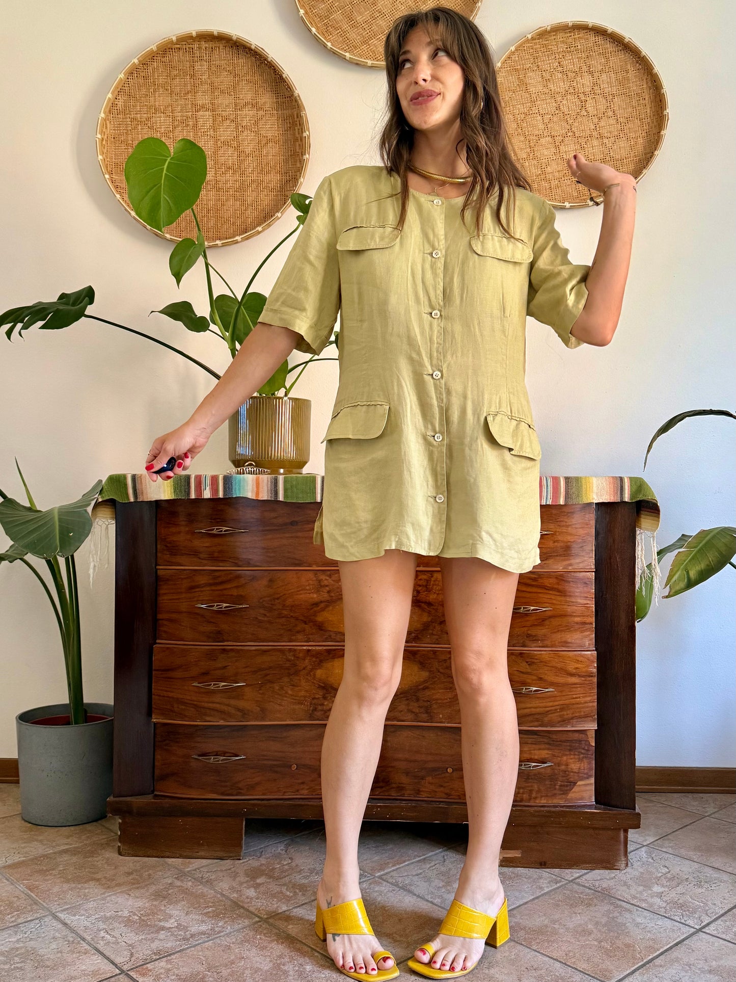 1990's vintage khaki linen safari style mini dress