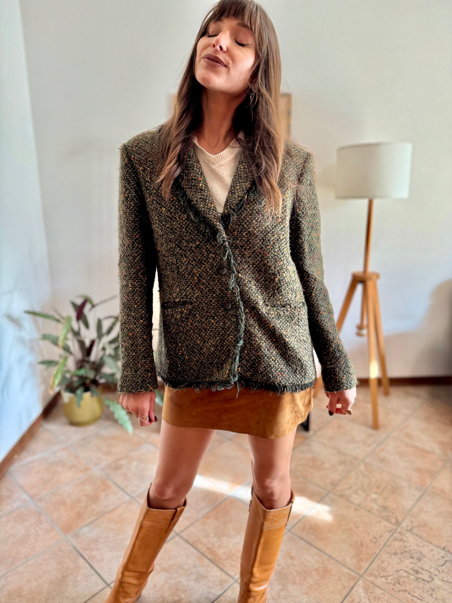 1990's vintage dark green wool blend tweed blazer with orange and yellow specks throughout