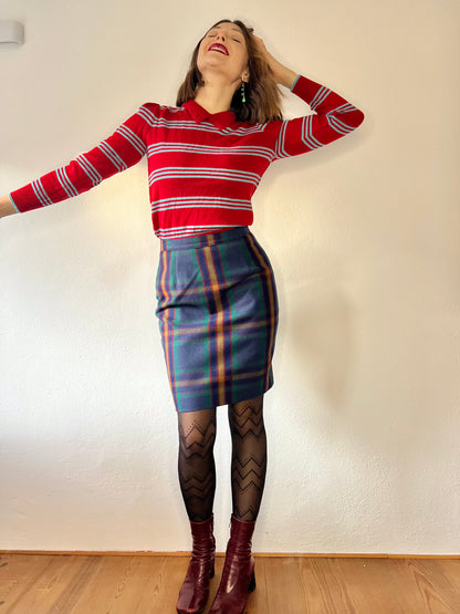 1970's vintage green and multi color wool plaid mini skirt