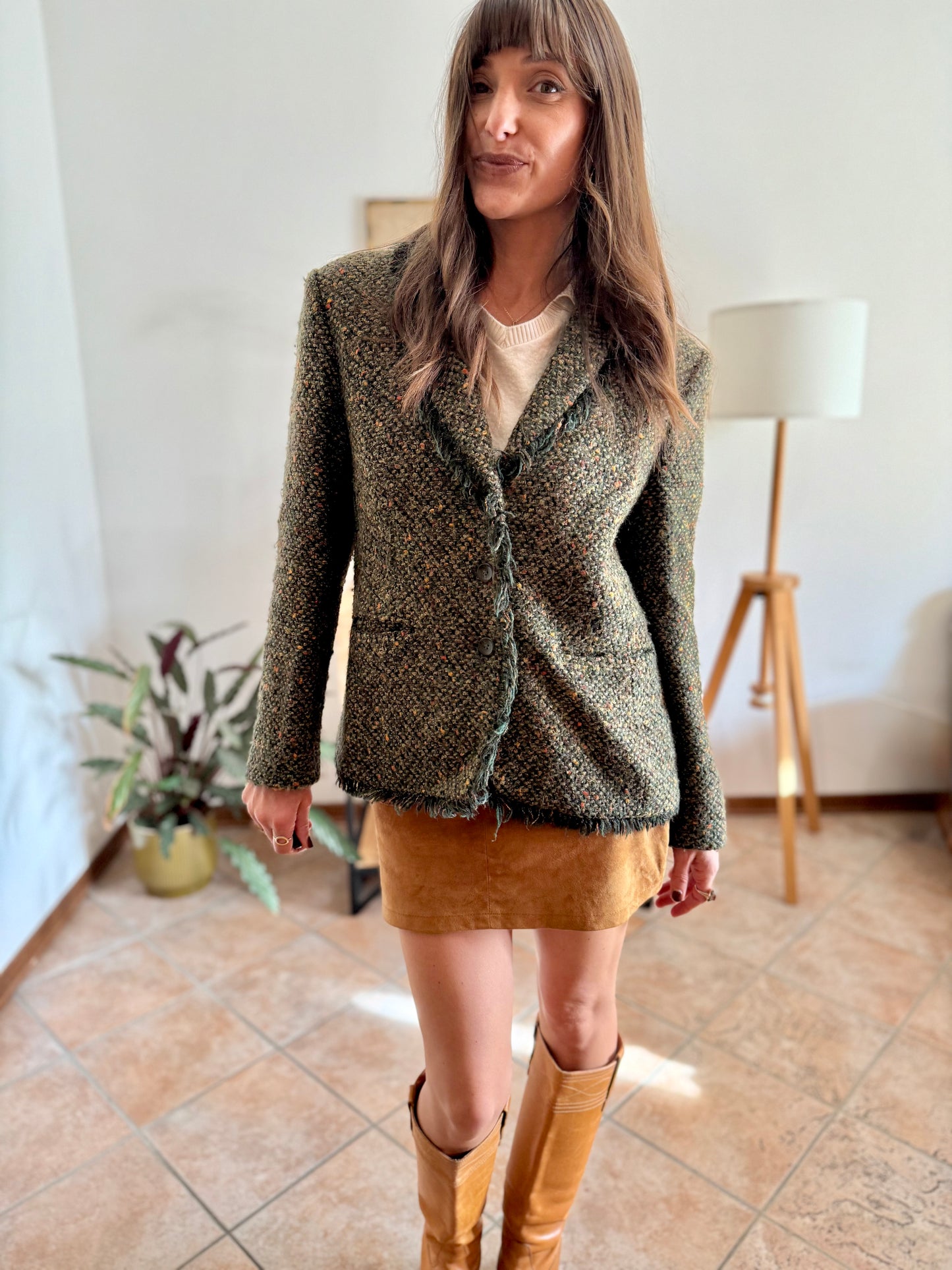 1990's vintage dark green wool blend tweed blazer with orange and yellow specks throughout