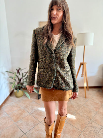 1990's vintage dark green wool blend tweed blazer with orange and yellow specks throughout