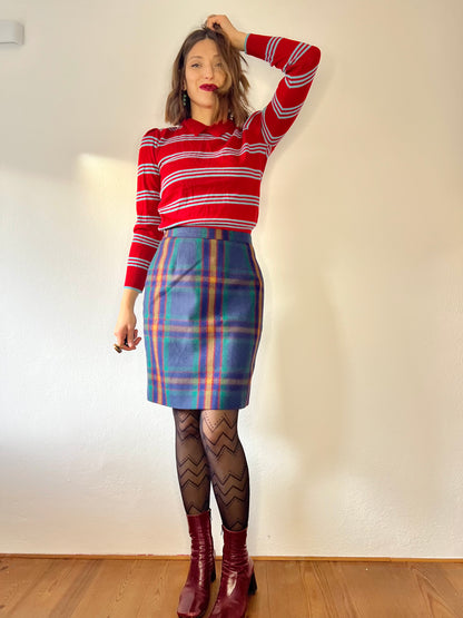 1970's vintage green and multi color wool plaid mini skirt