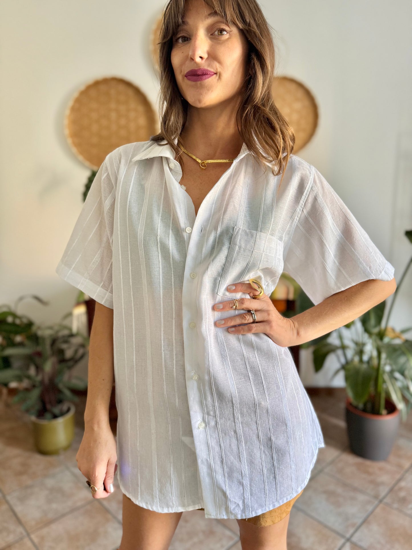 1990's vintage oversize sheer white textured stripe blouse