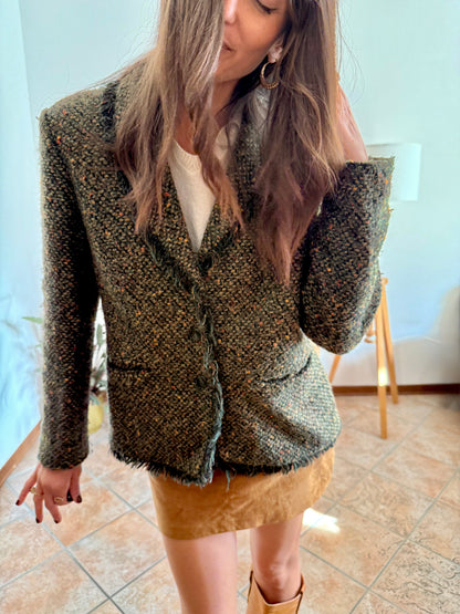 1990's vintage dark green wool blend tweed blazer with orange and yellow specks throughout