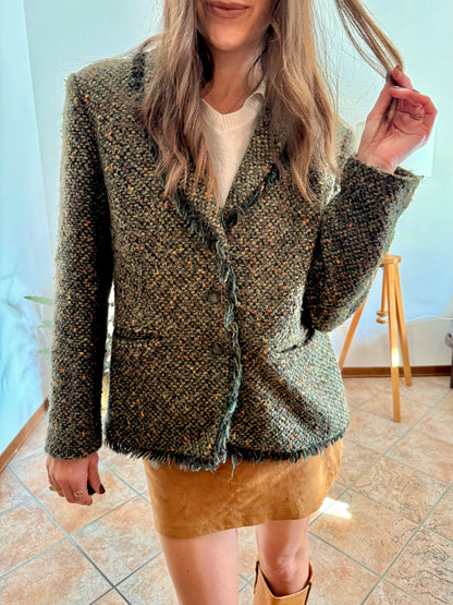 1990's vintage dark green wool blend tweed blazer with orange and yellow specks throughout