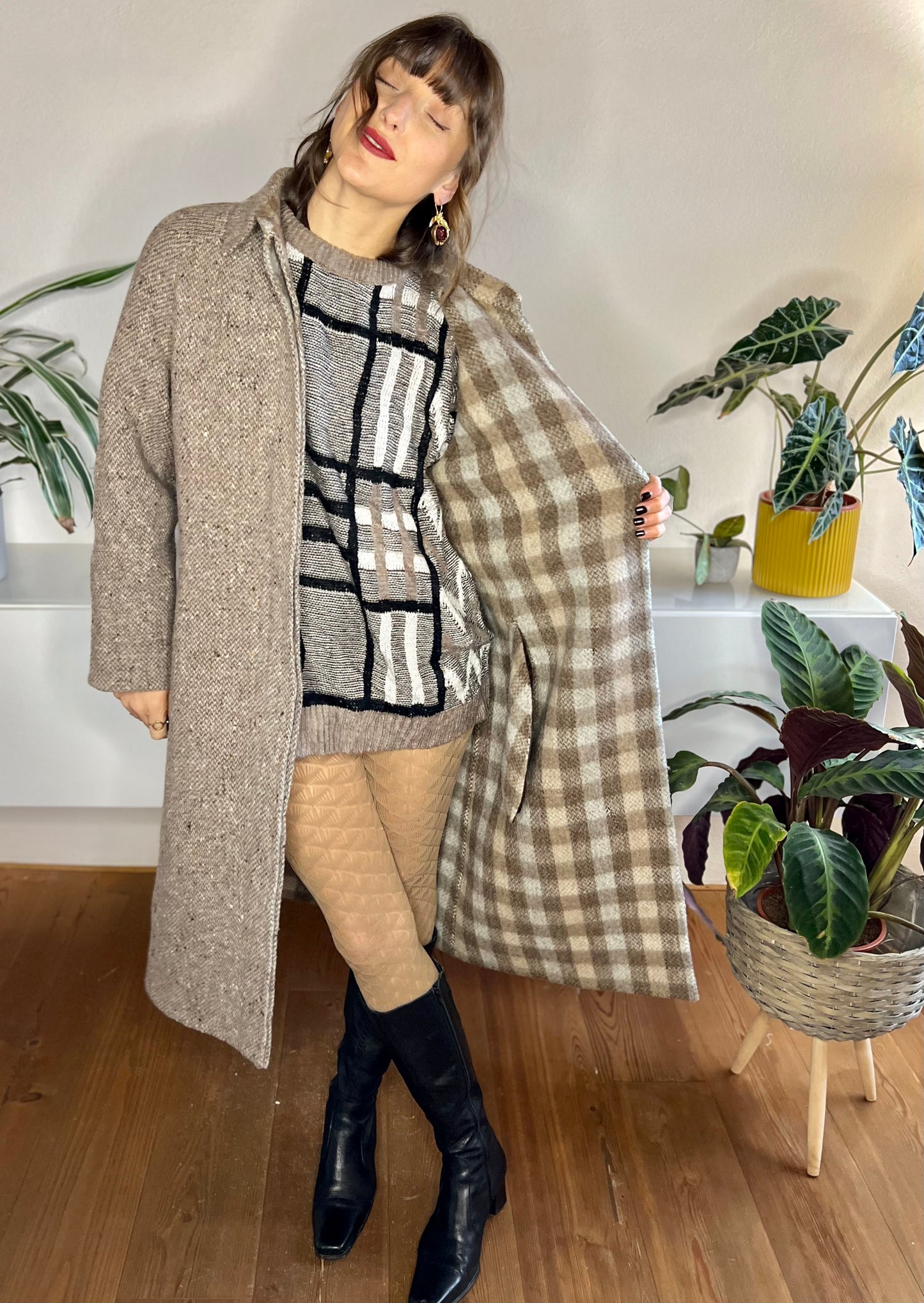 1970's vintage brown and cream tweed wool over coat