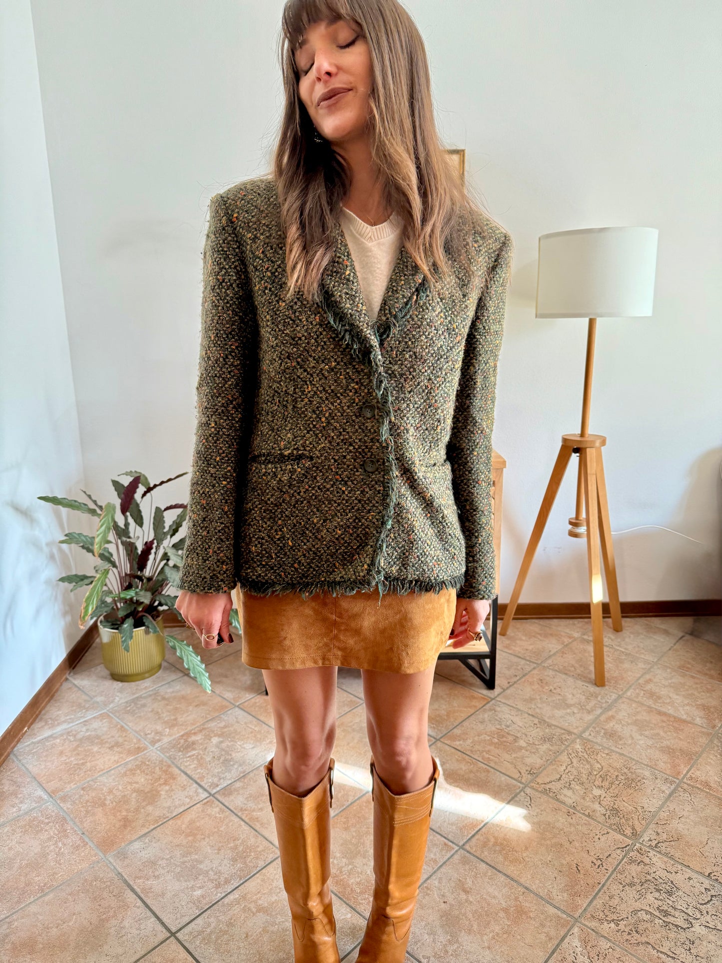 1990's vintage dark green wool blend tweed blazer with orange and yellow specks throughout