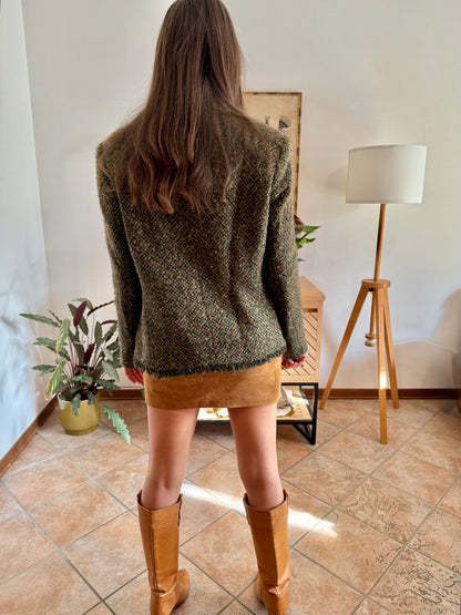 1990's vintage dark green wool blend tweed blazer with orange and yellow specks throughout