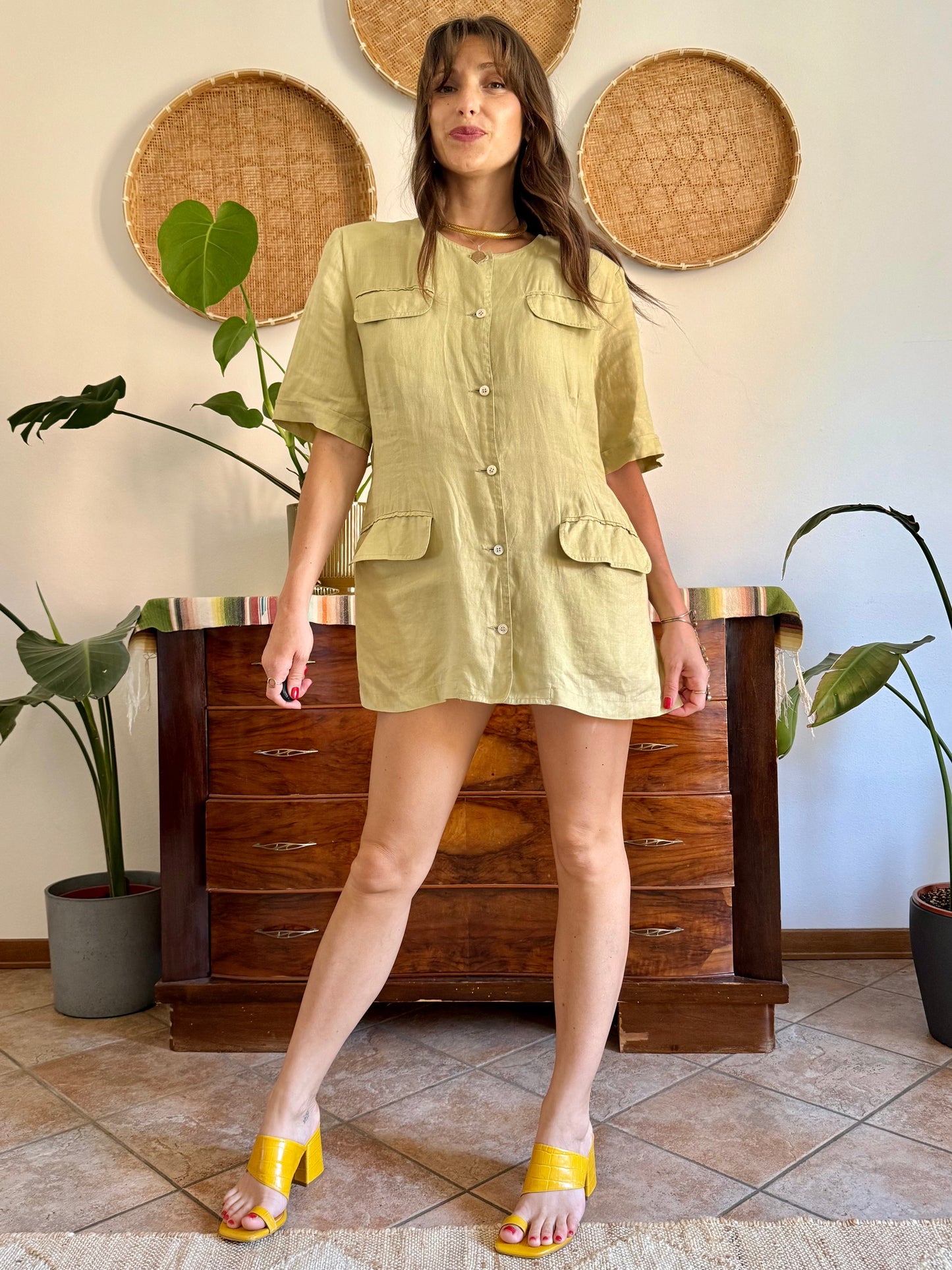 1990's vintage khaki linen safari style mini dress