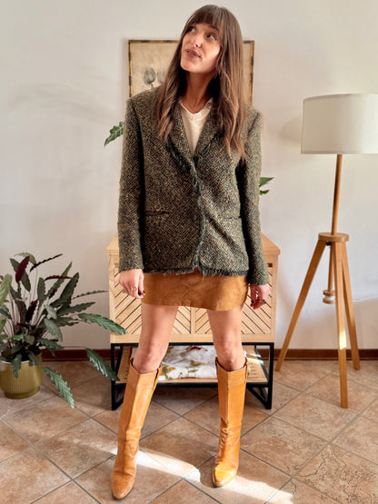 1990's vintage dark green wool blend tweed blazer with orange and yellow specks throughout