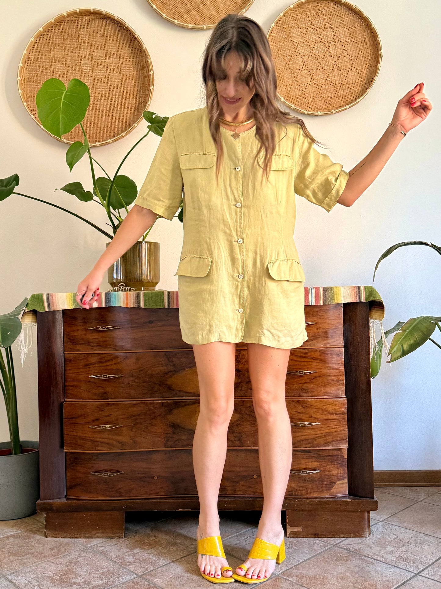 1990's vintage khaki linen safari style mini dress