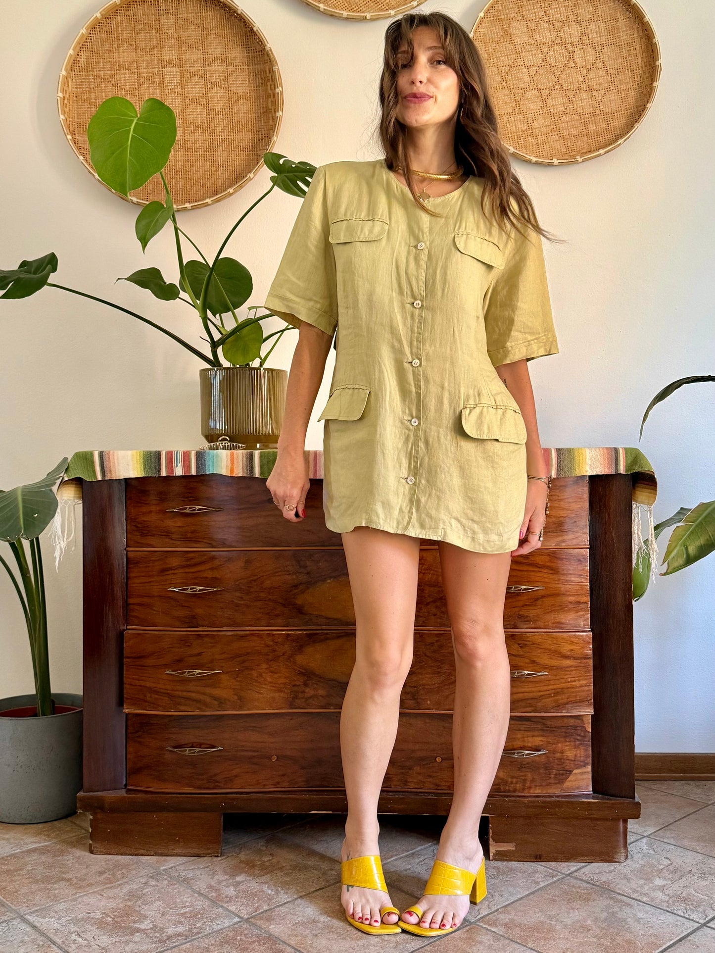 1990's vintage khaki linen safari style mini dress