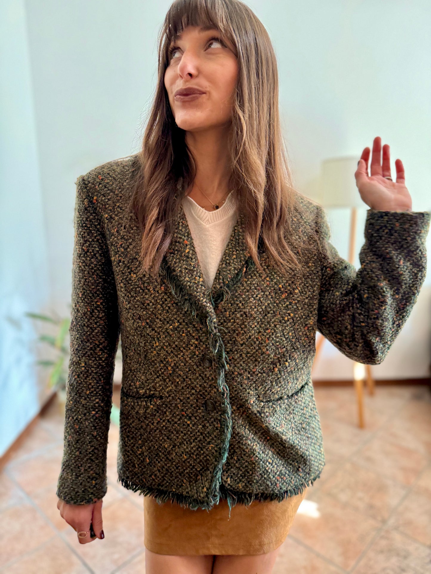 1990's vintage dark green wool blend tweed blazer with orange and yellow specks throughout