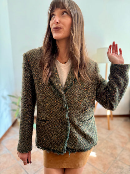 1990's vintage dark green wool blend tweed blazer with orange and yellow specks throughout