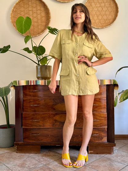 1990's vintage khaki linen safari style mini dress