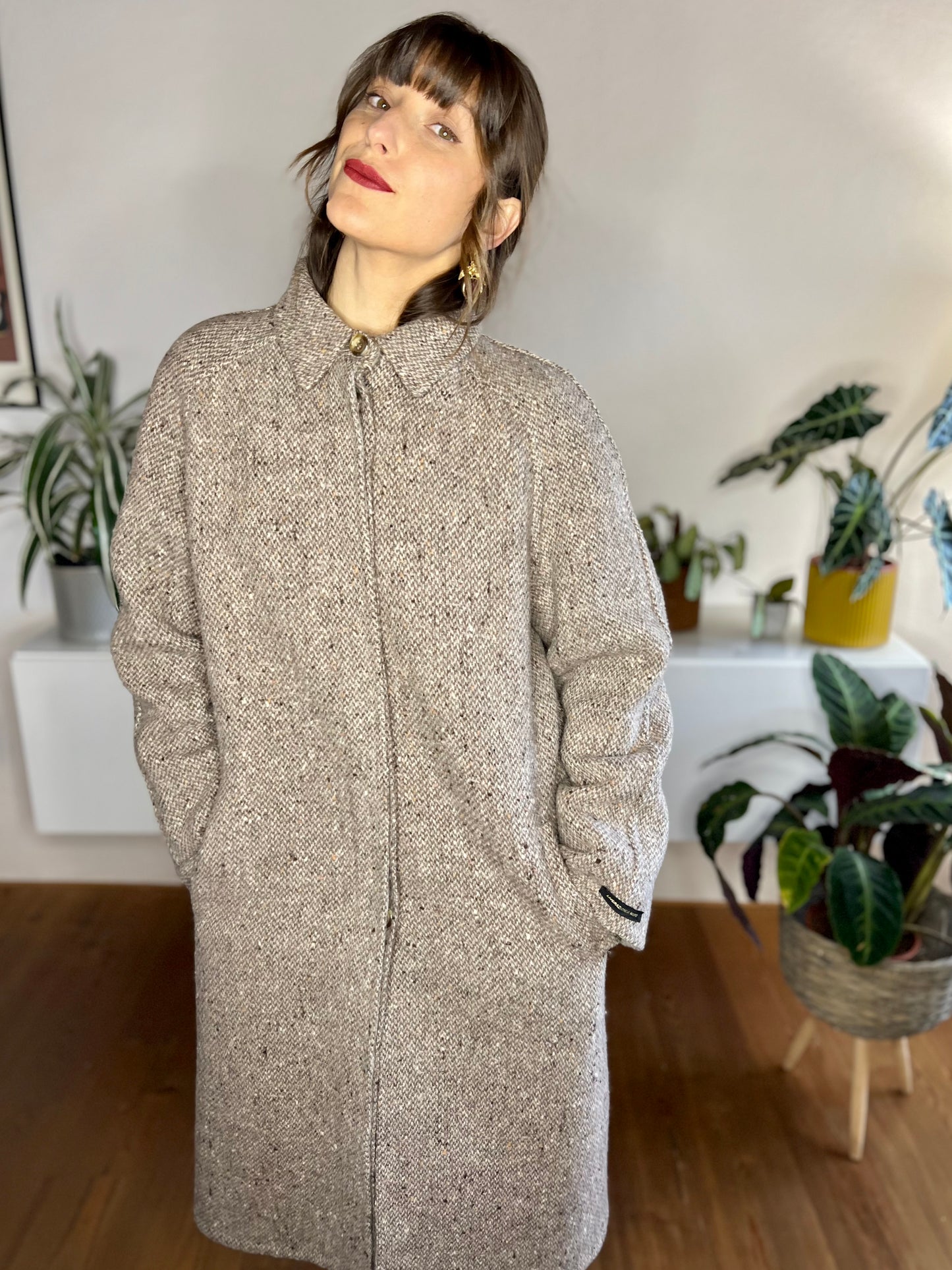 1970's vintage brown and cream tweed wool over coat