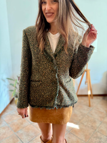 1990's vintage dark green wool blend tweed blazer with orange and yellow specks throughout