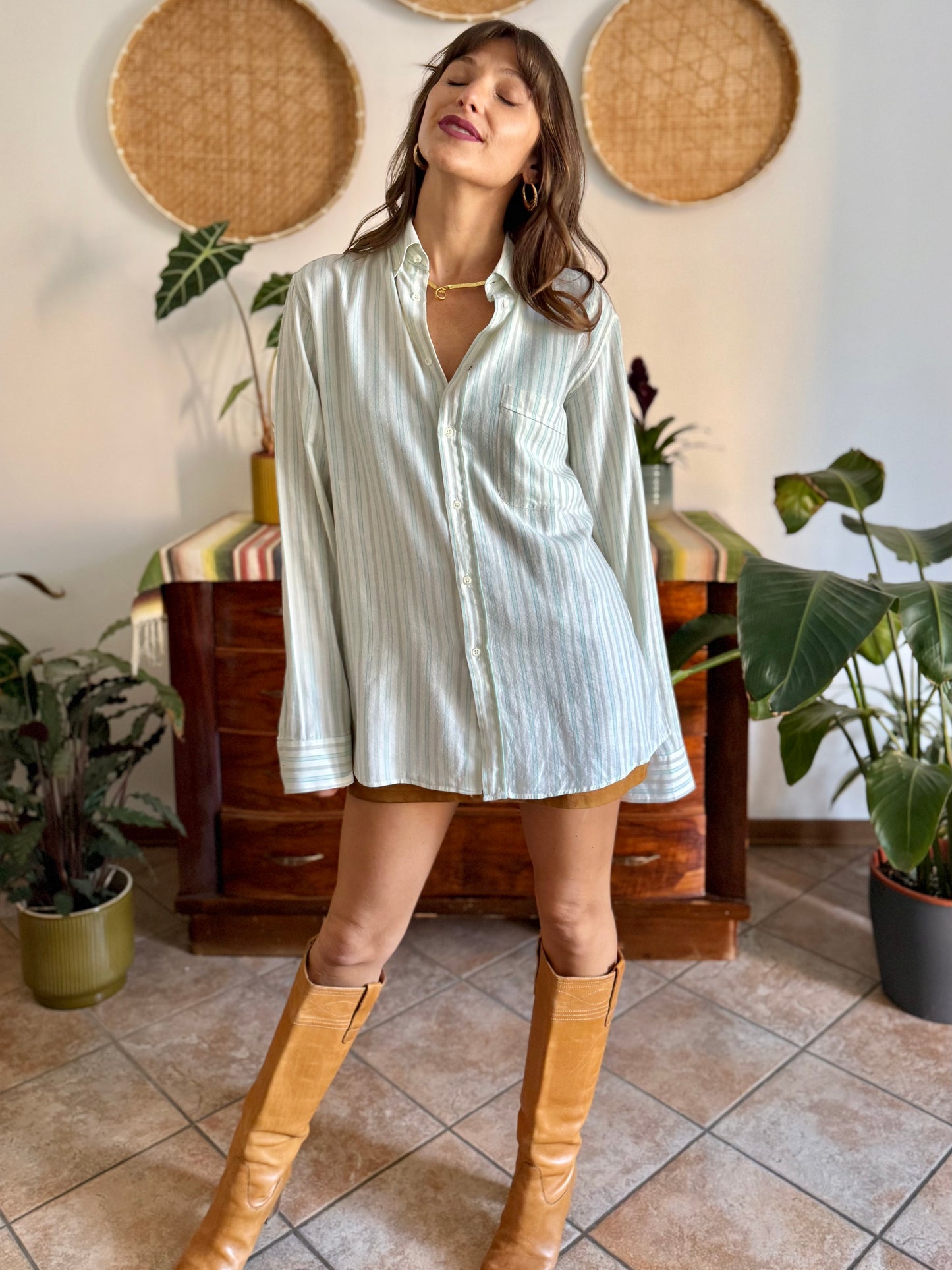 1970's vintage cream, tan and turquoise vertical stripe shirt