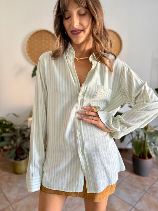 1970's vintage cream, tan and turquoise vertical stripe shirt