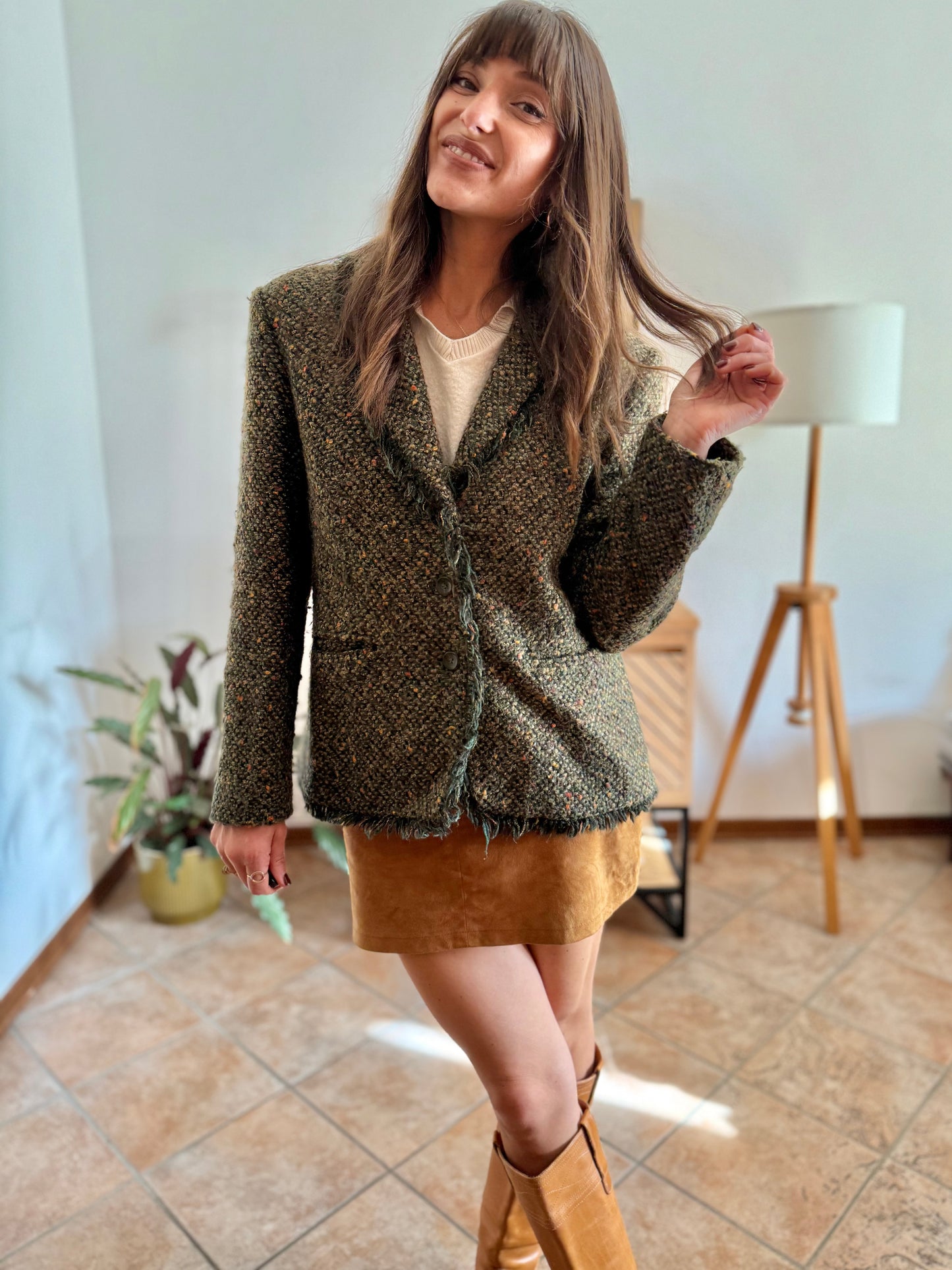 1990's vintage dark green wool blend tweed blazer with orange and yellow specks throughout