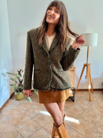 1990's vintage dark green wool blend tweed blazer with orange and yellow specks throughout