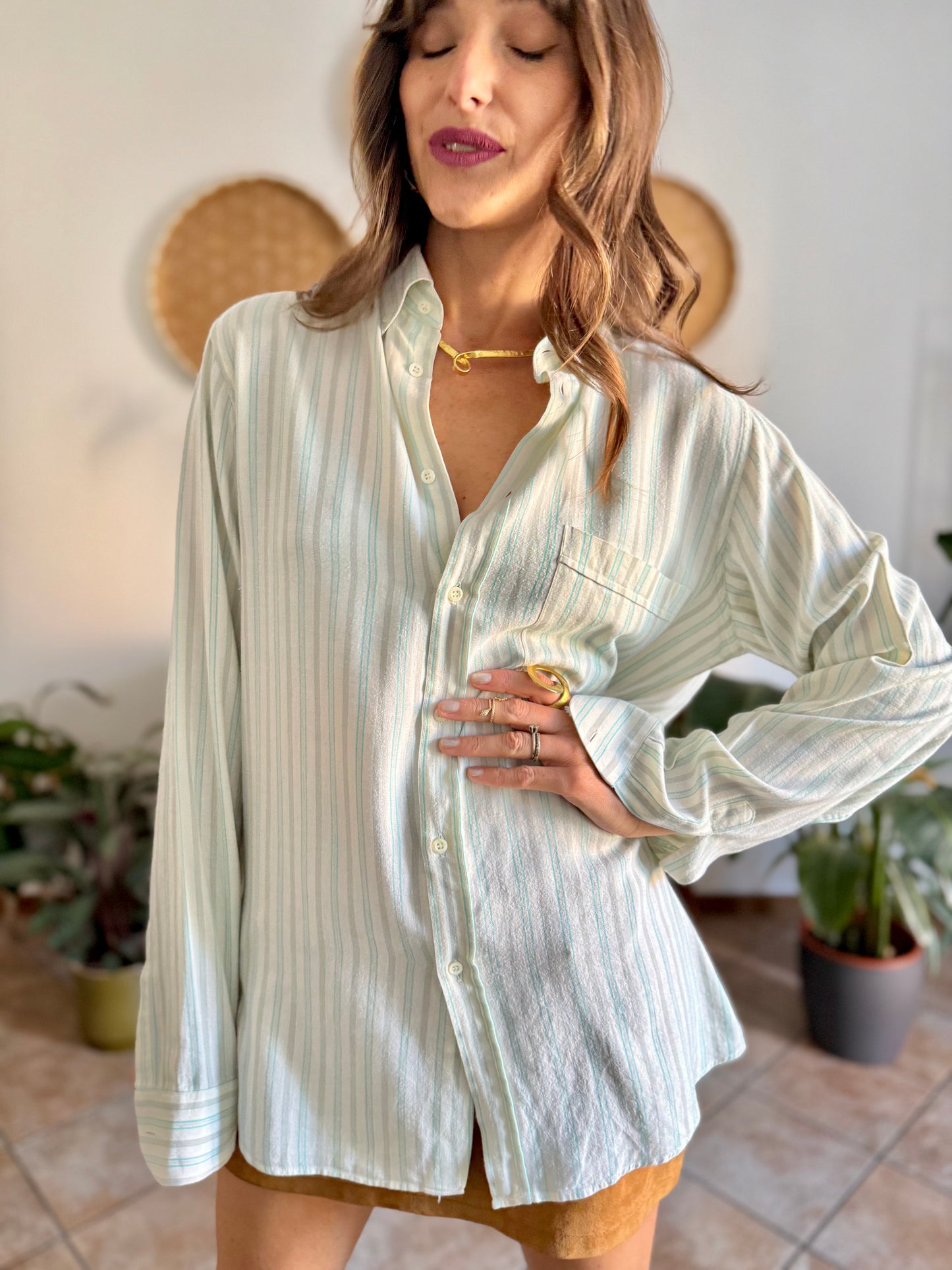 1970's vintage cream, tan and turquoise vertical stripe shirt