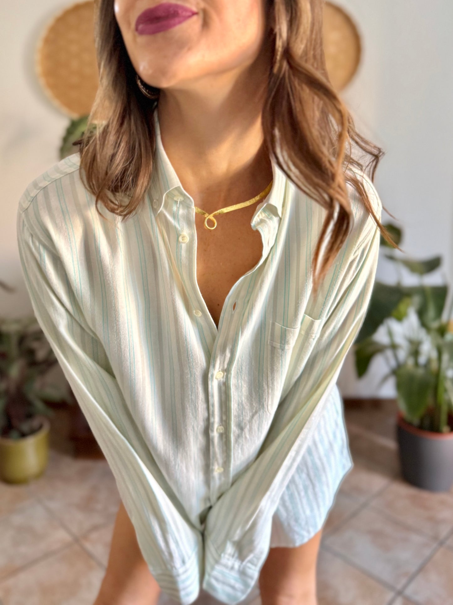 1970's vintage cream, tan and turquoise vertical stripe shirt