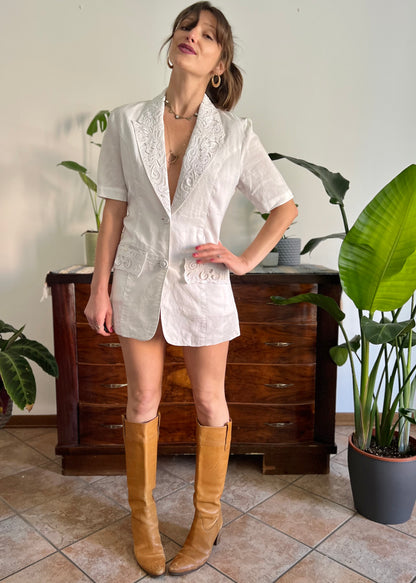 1970's vintage cream mini blazer dress with floral embroidery