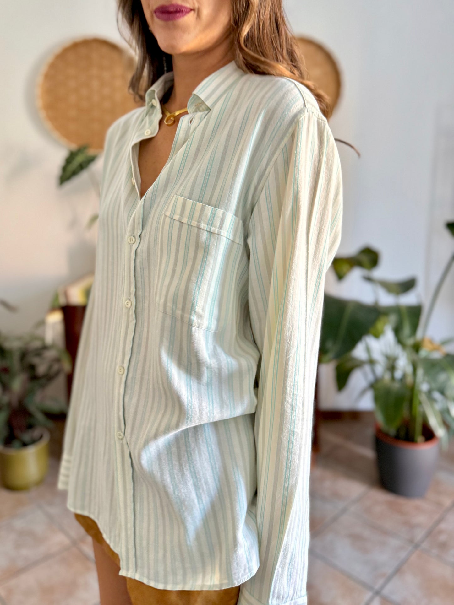 1970's vintage cream, tan and turquoise vertical stripe shirt