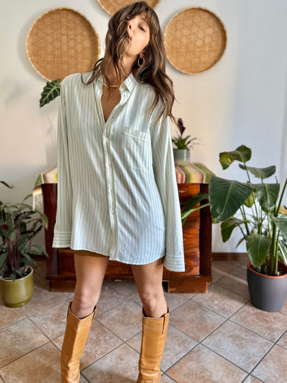 1970's vintage cream, tan and turquoise vertical stripe shirt