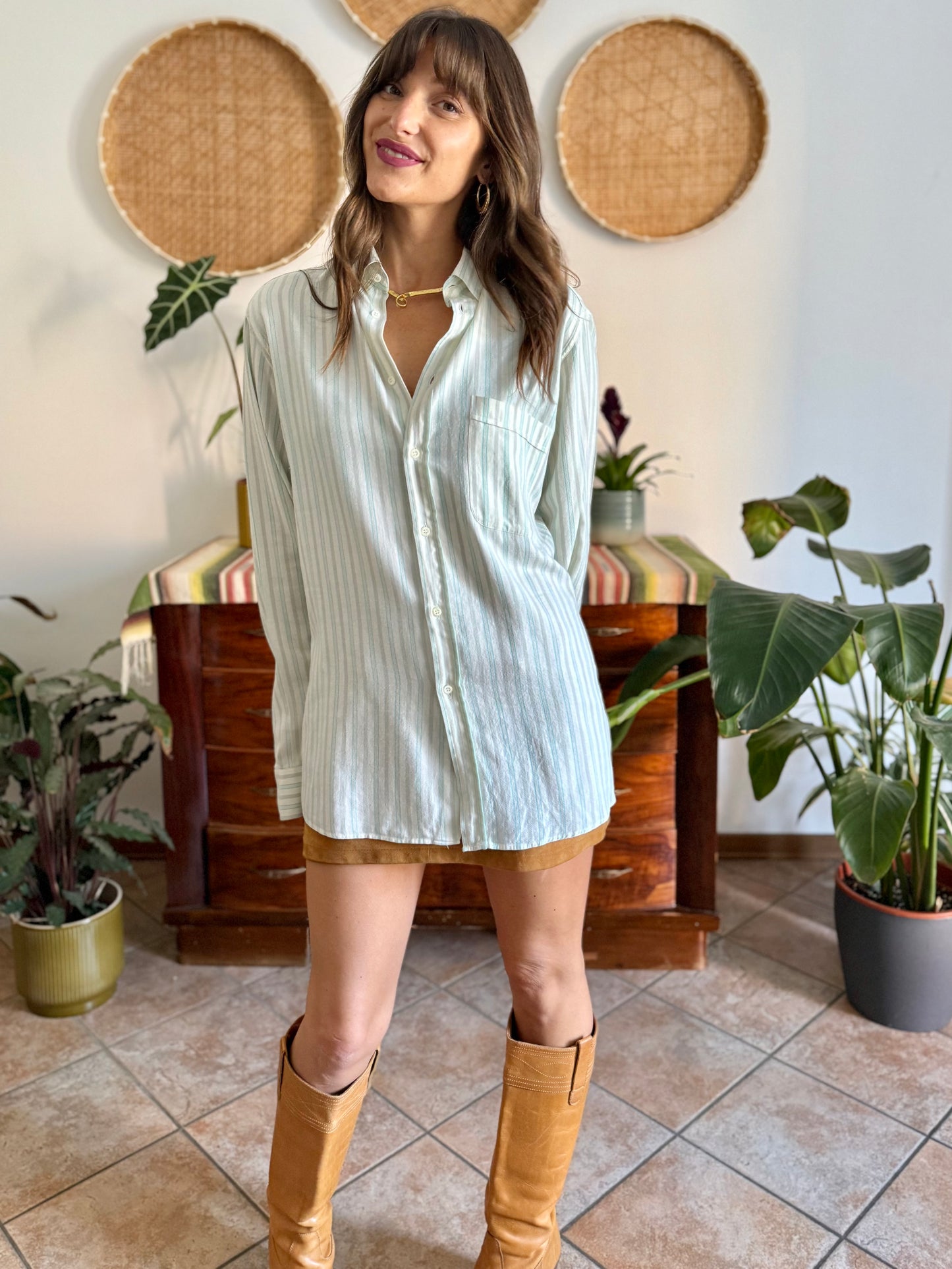 1970's vintage cream, tan and turquoise vertical stripe shirt