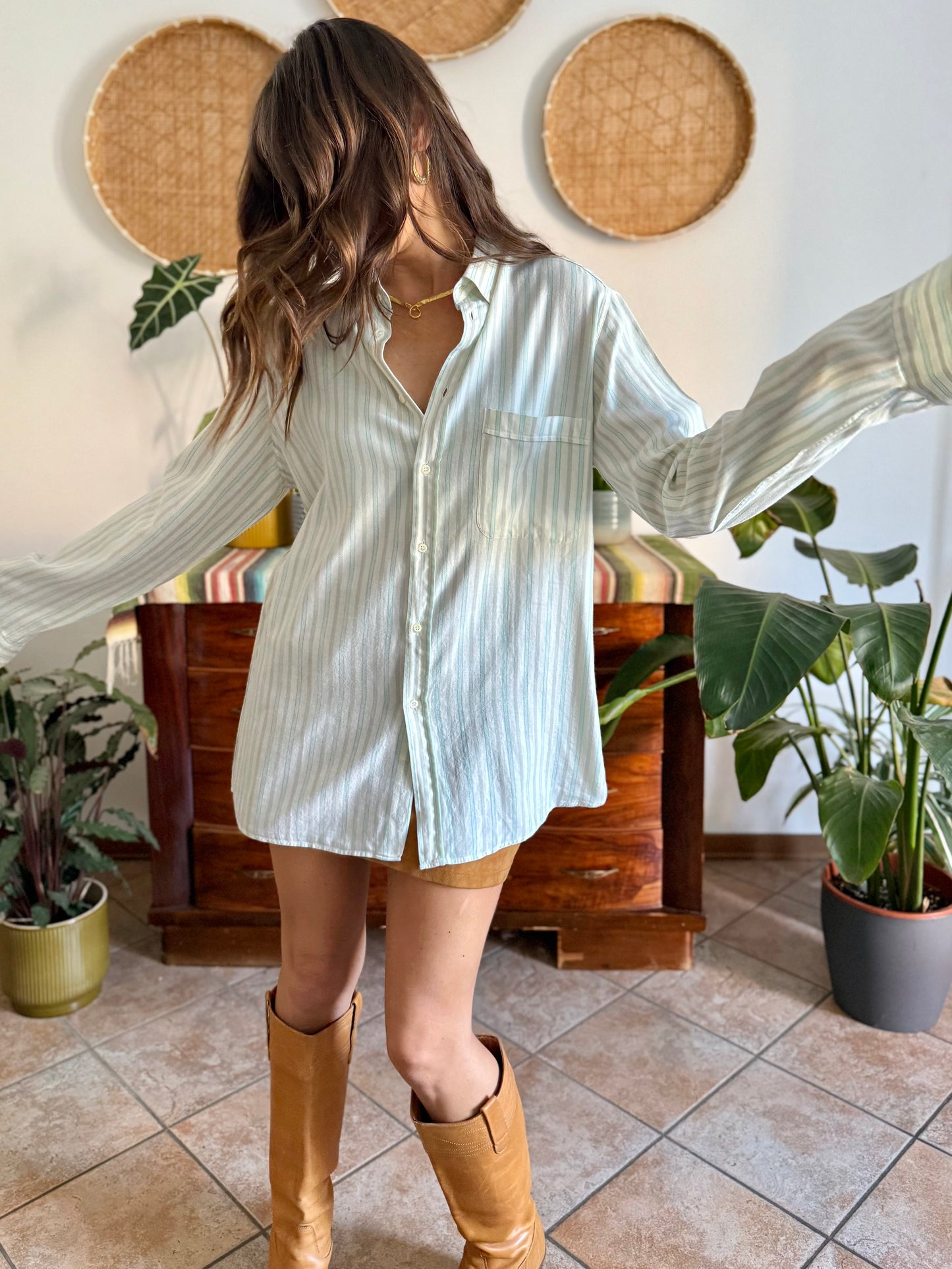 1970's vintage cream, tan and turquoise vertical stripe shirt