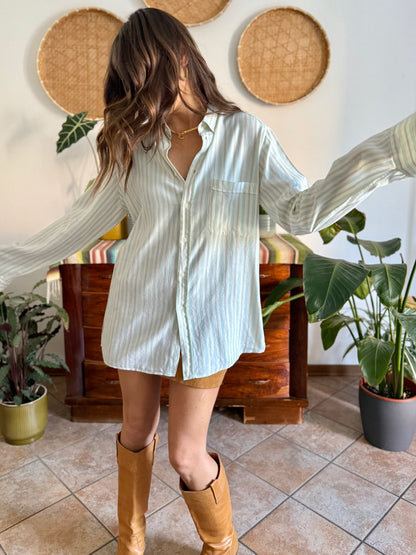 1970's vintage cream, tan and turquoise vertical stripe shirt