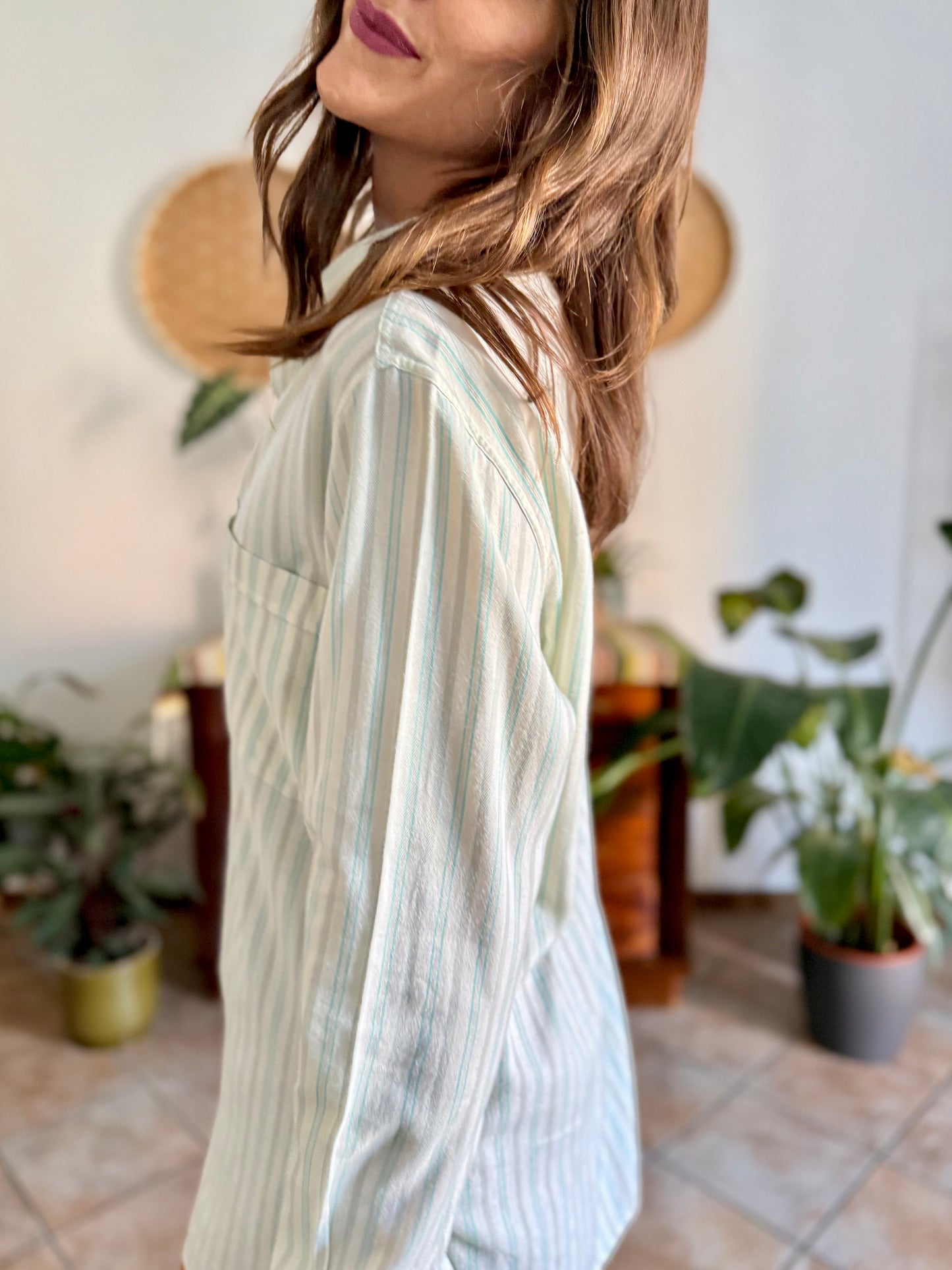 1970's vintage cream, tan and turquoise vertical stripe shirt