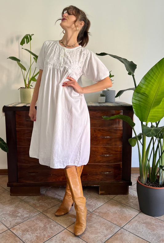 1970's vintage white cotton priairie midi dress with floral embroidery