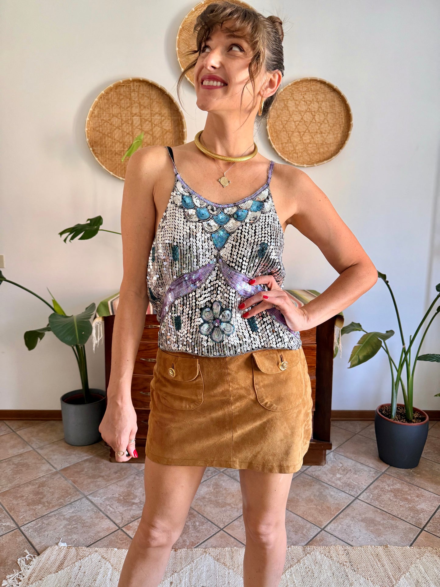 1990's vintage silve, blue and lilac sequin and glass bead silk floral top