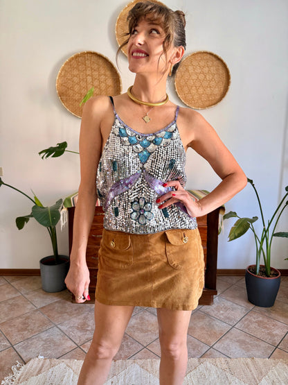1990's vintage silve, blue and lilac sequin and glass bead silk floral top
