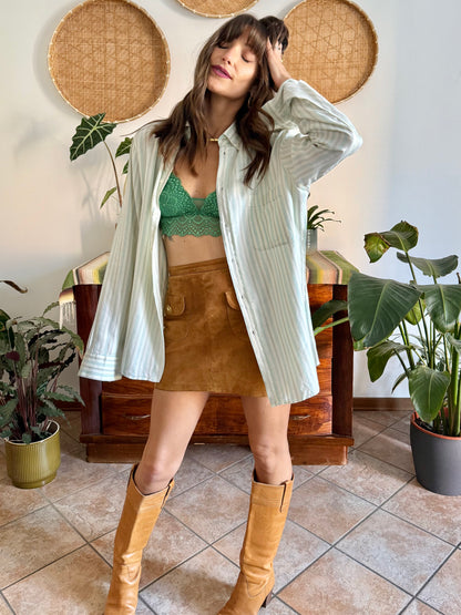1970's vintage cream, tan and turquoise vertical stripe shirt