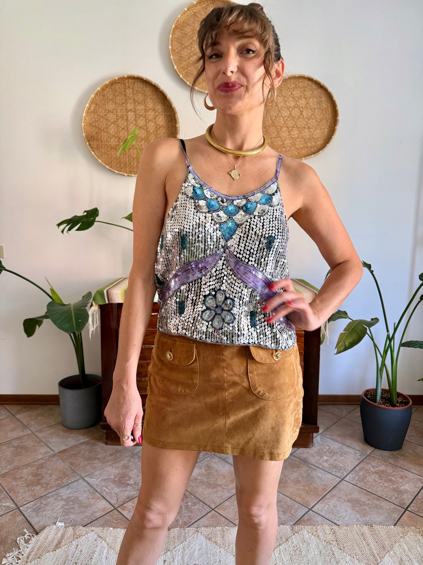 1990's vintage silve, blue and lilac sequin and glass bead silk floral top
