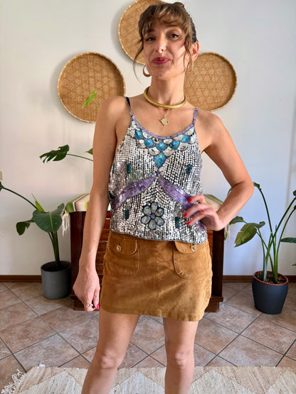 1990's vintage silve, blue and lilac sequin and glass bead silk floral top