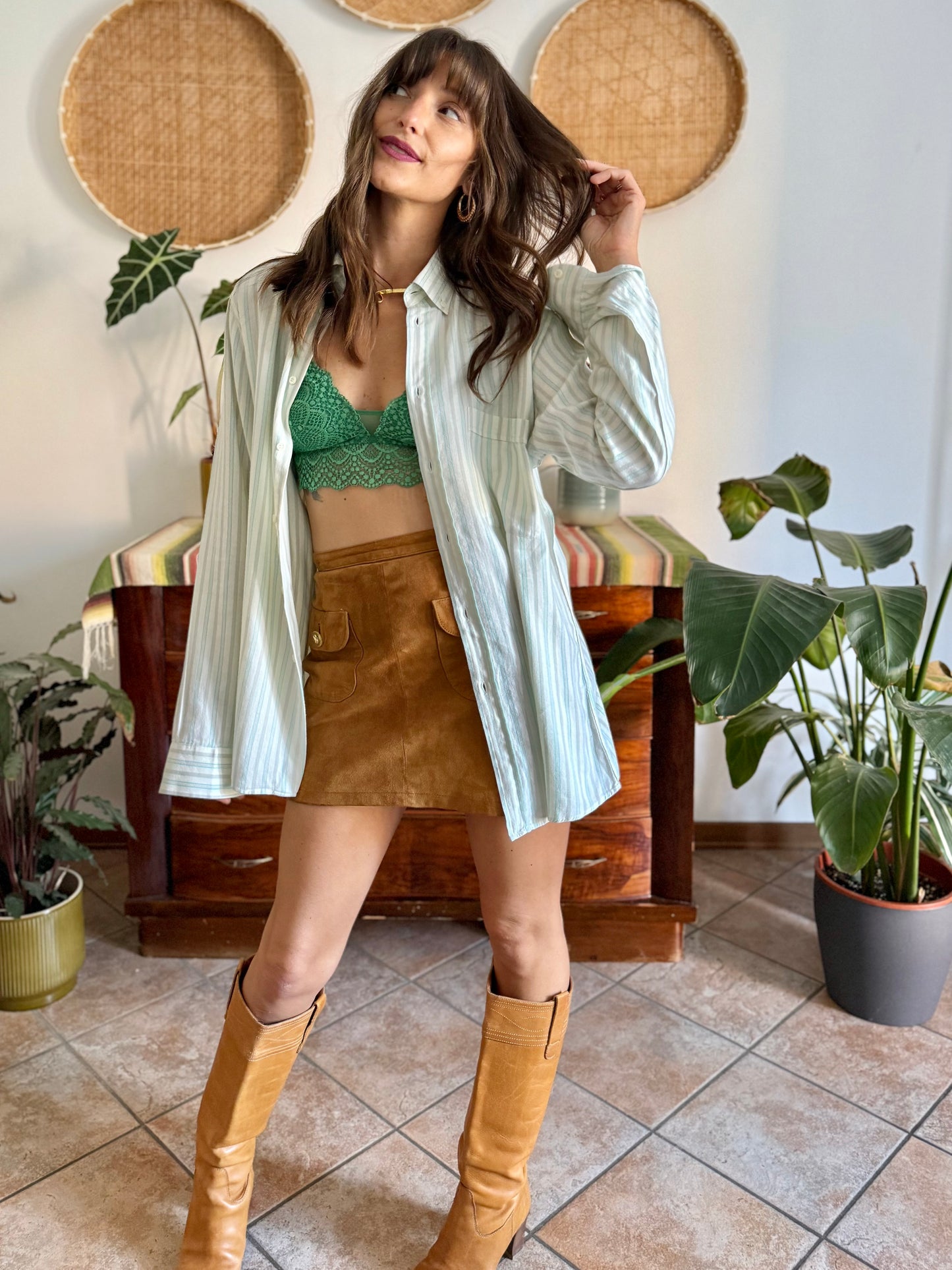 1970's vintage cream, tan and turquoise vertical stripe shirt