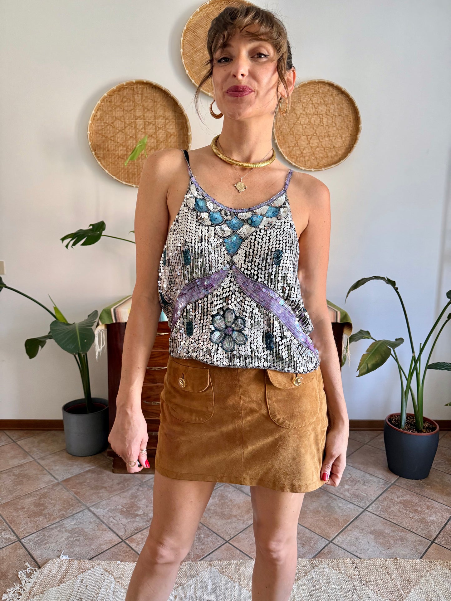 1990's vintage silve, blue and lilac sequin and glass bead silk floral top
