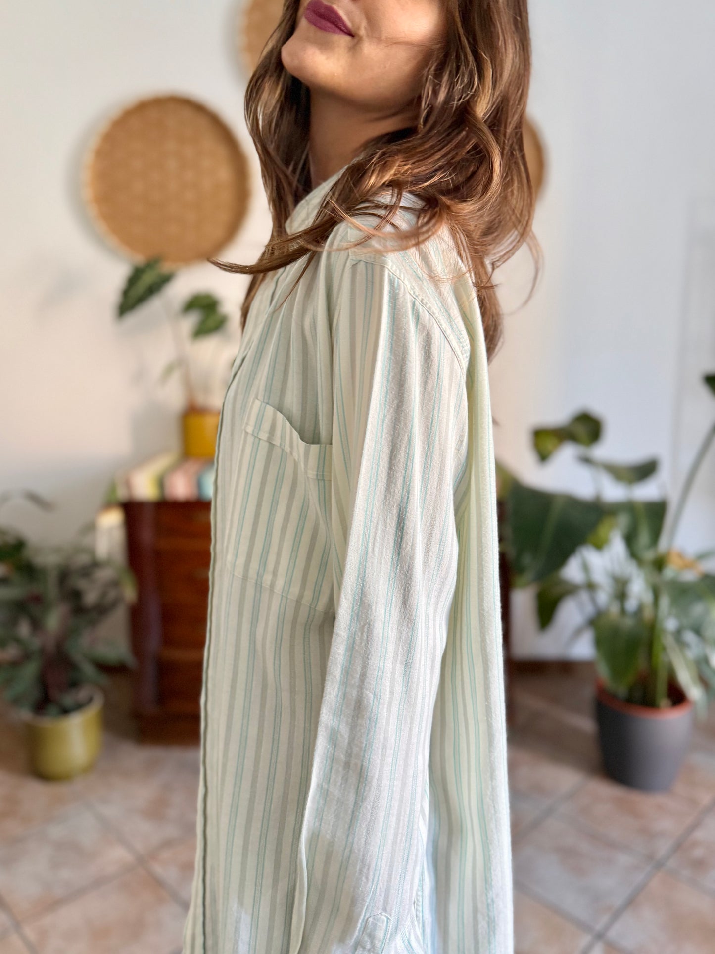 1970's vintage cream, tan and turquoise vertical stripe shirt