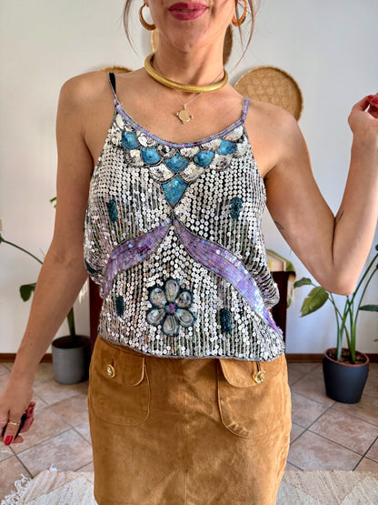 1990's vintage silve, blue and lilac sequin and glass bead silk floral top