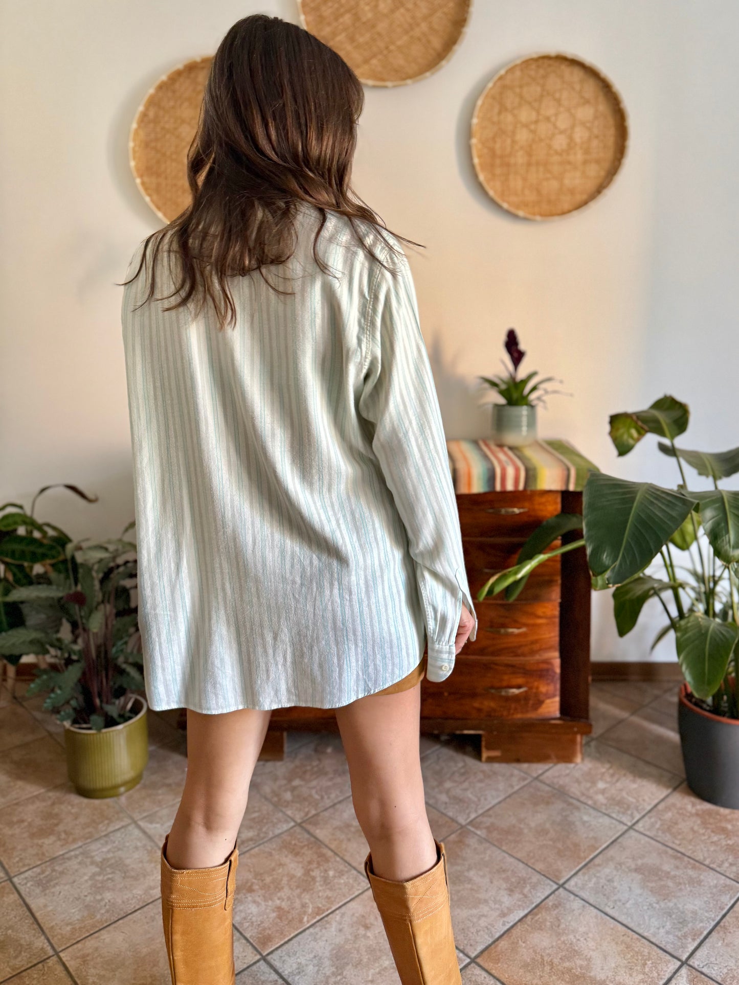 1970's vintage cream, tan and turquoise vertical stripe shirt