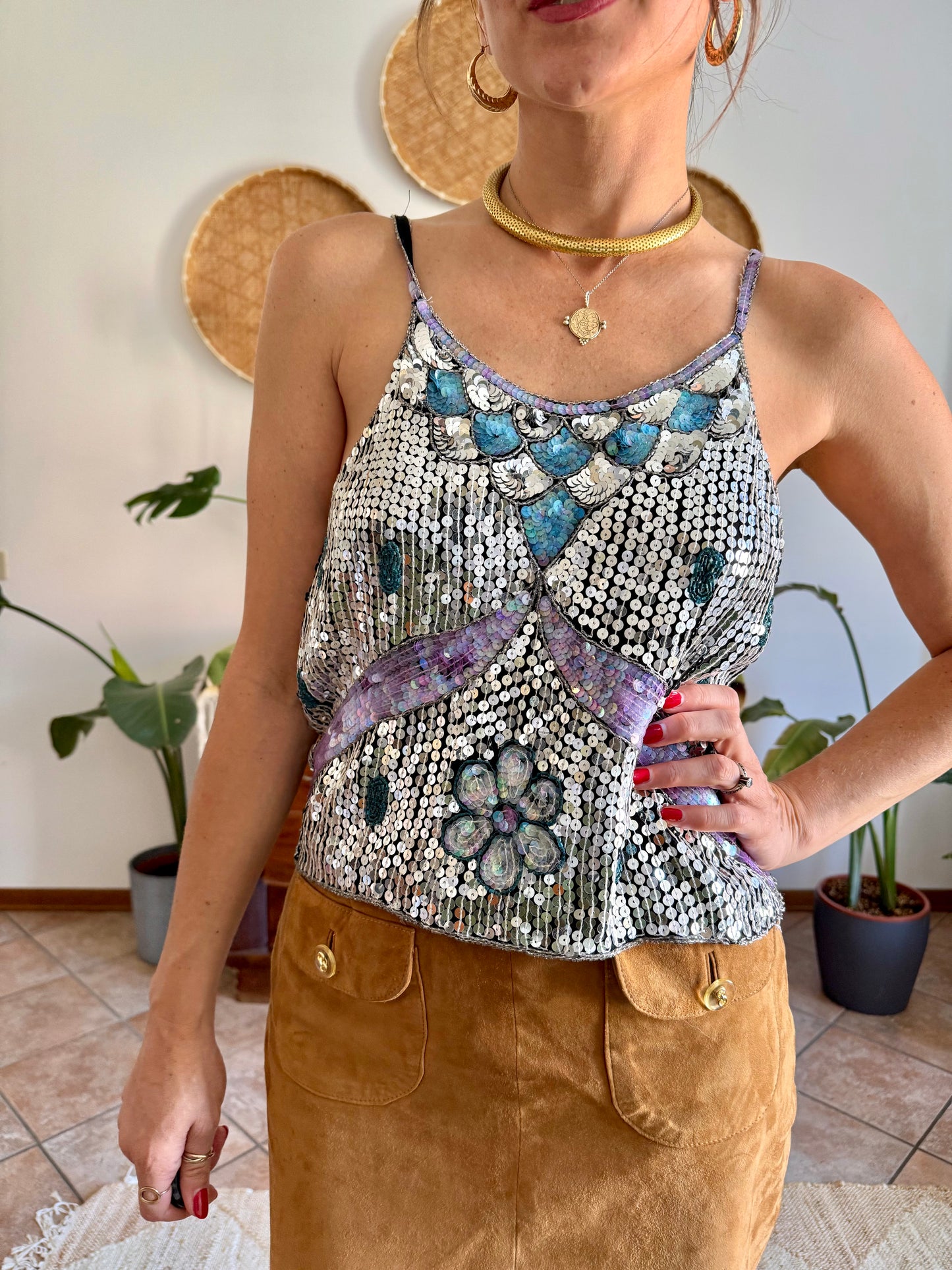 1990's vintage silve, blue and lilac sequin and glass bead silk floral top