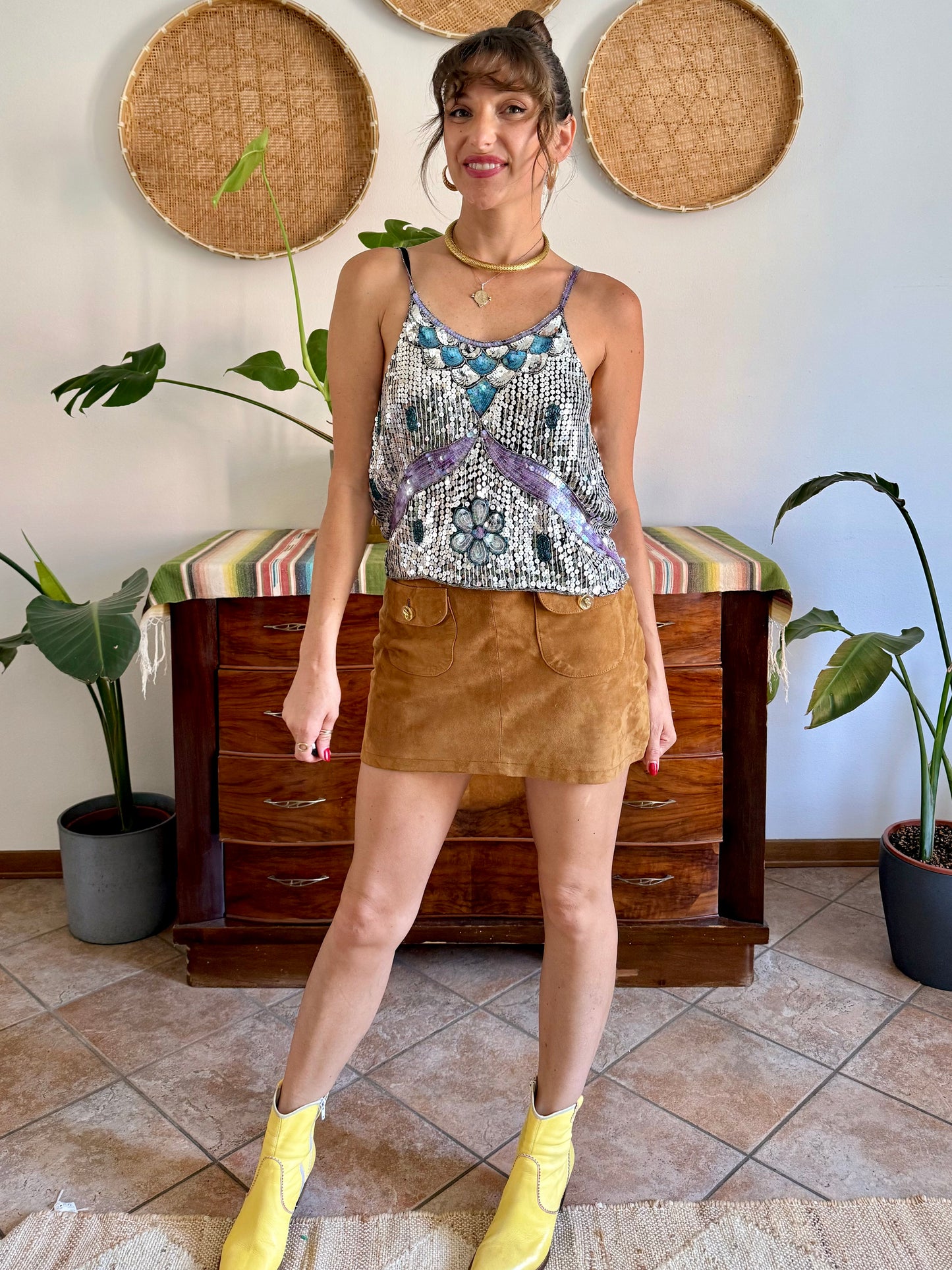 1990's vintage silve, blue and lilac sequin and glass bead silk floral top