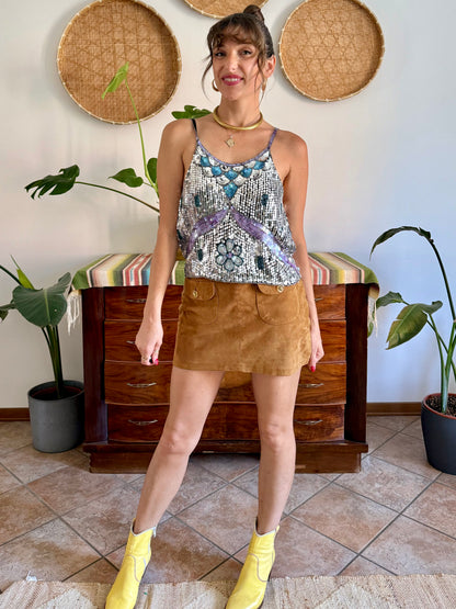1990's vintage silve, blue and lilac sequin and glass bead silk floral top