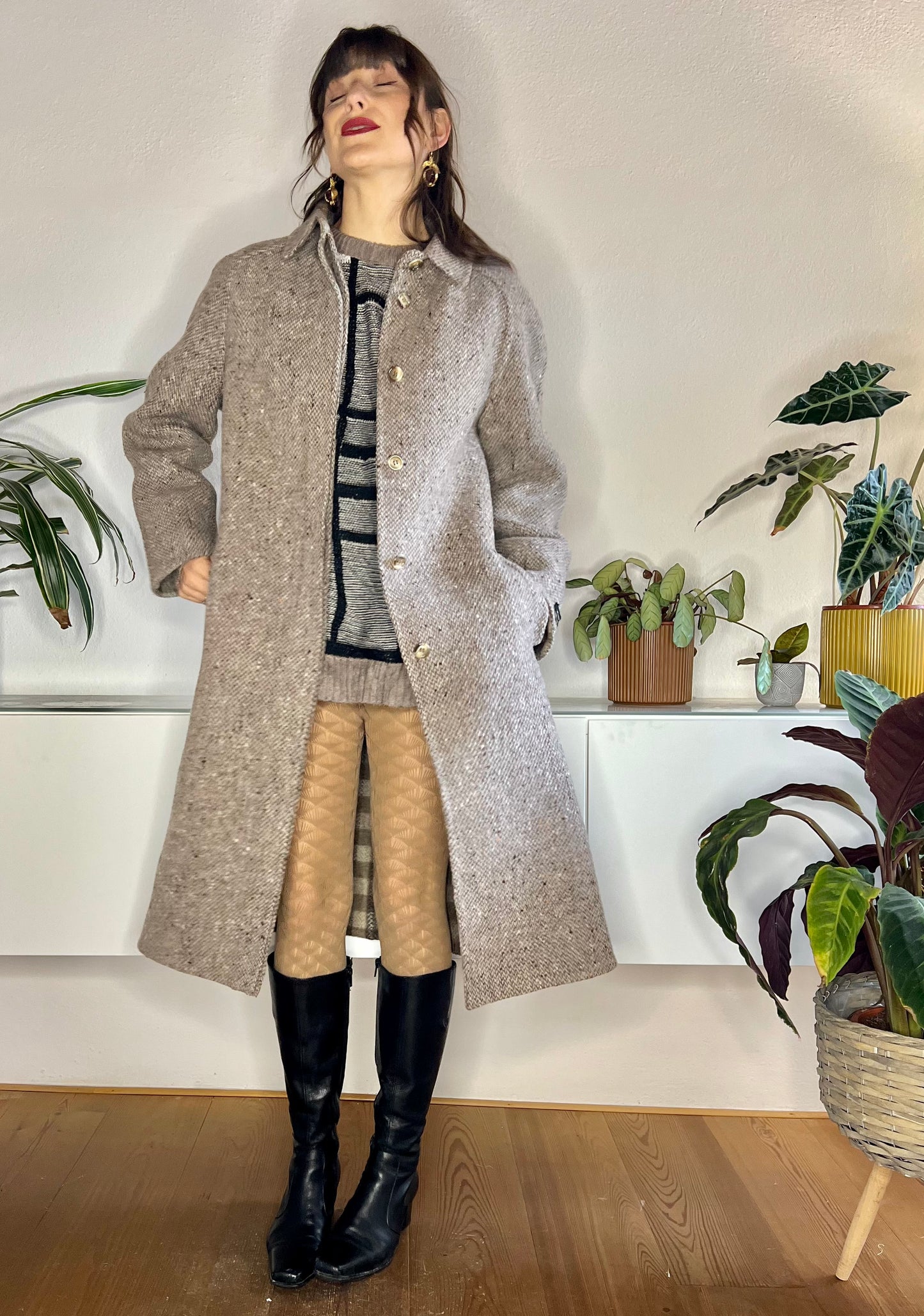 1970's vintage brown and cream tweed wool over coat